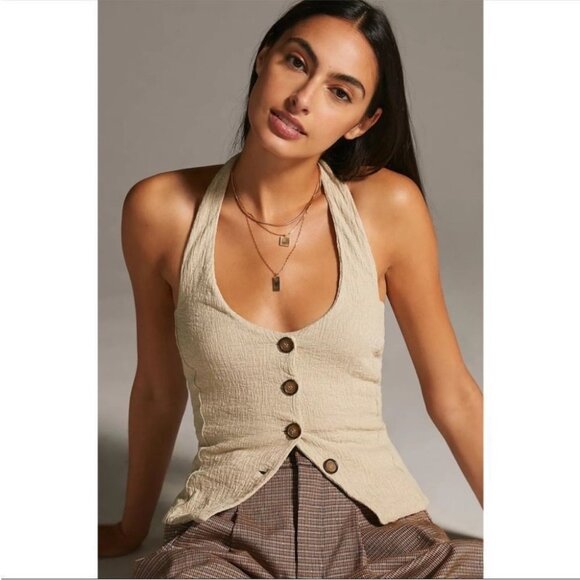By Anthropologie Halter Cotton Button Front Vest Halter Top Sand Beige - Picture 1 of 14